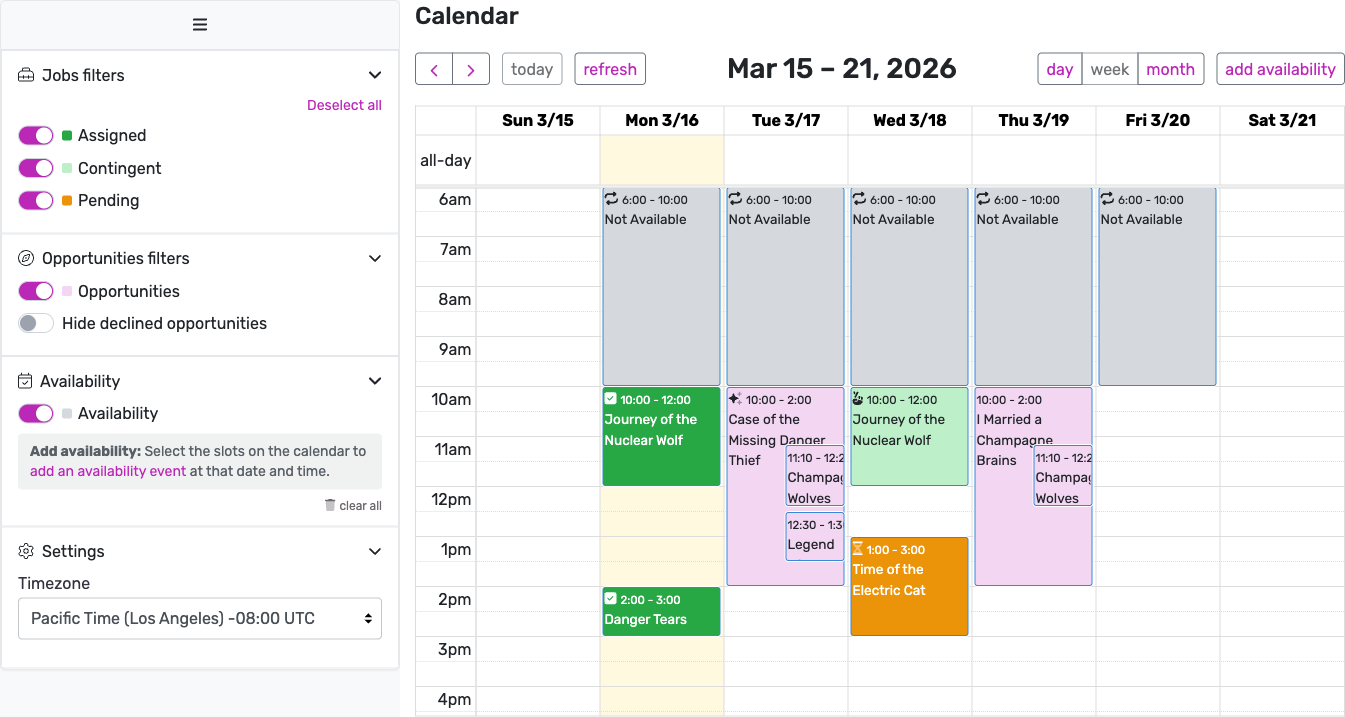 Calendar week view showing jobs and opportunities with color-coded events and sidebar filters