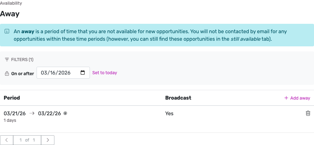 Legacy Away settings showing an away period for March 21-22