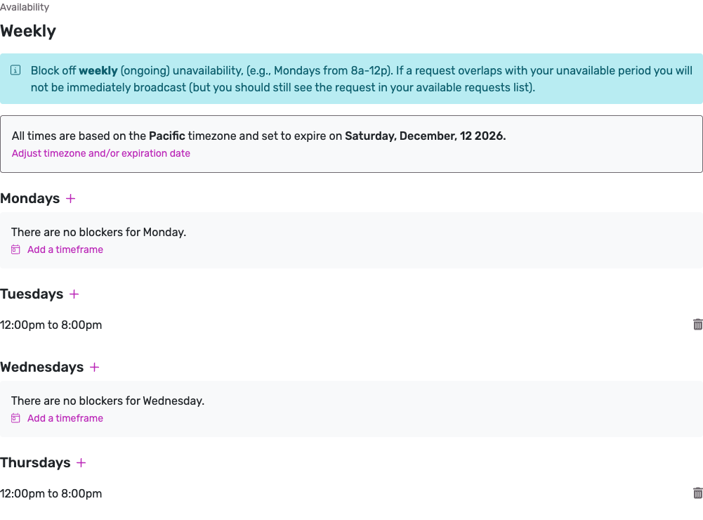 Legacy Weekly Availability settings showing blockers on Tuesdays and Thursdays from 12pm to 8pm