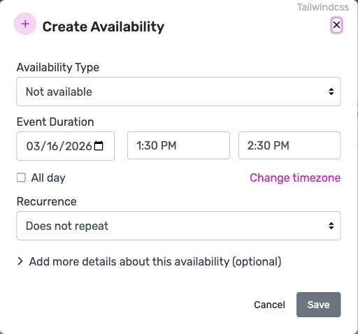 Create Availability modal with fields for type, date, time, recurrence, and optional details