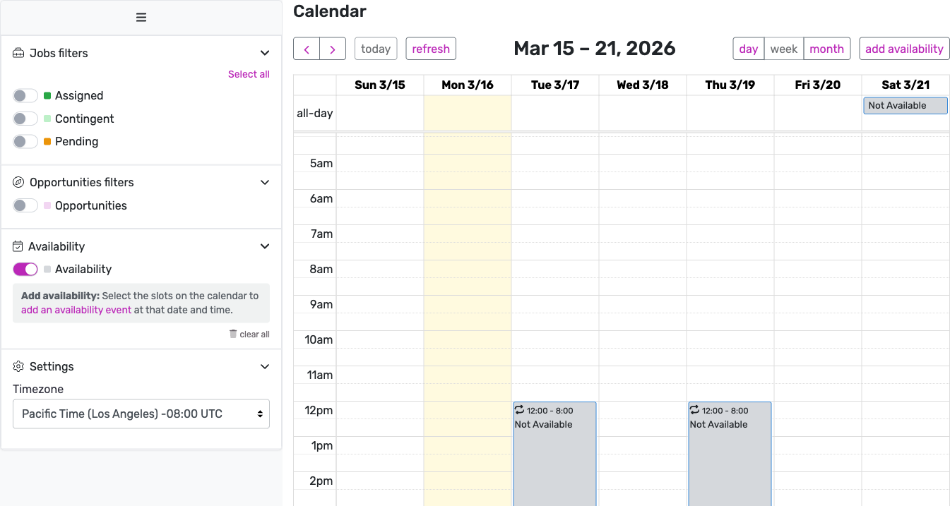 Calendar week view showing availability blocks: Tuesday and Thursday 12-8pm weekly blockers and an all-day away on Saturday